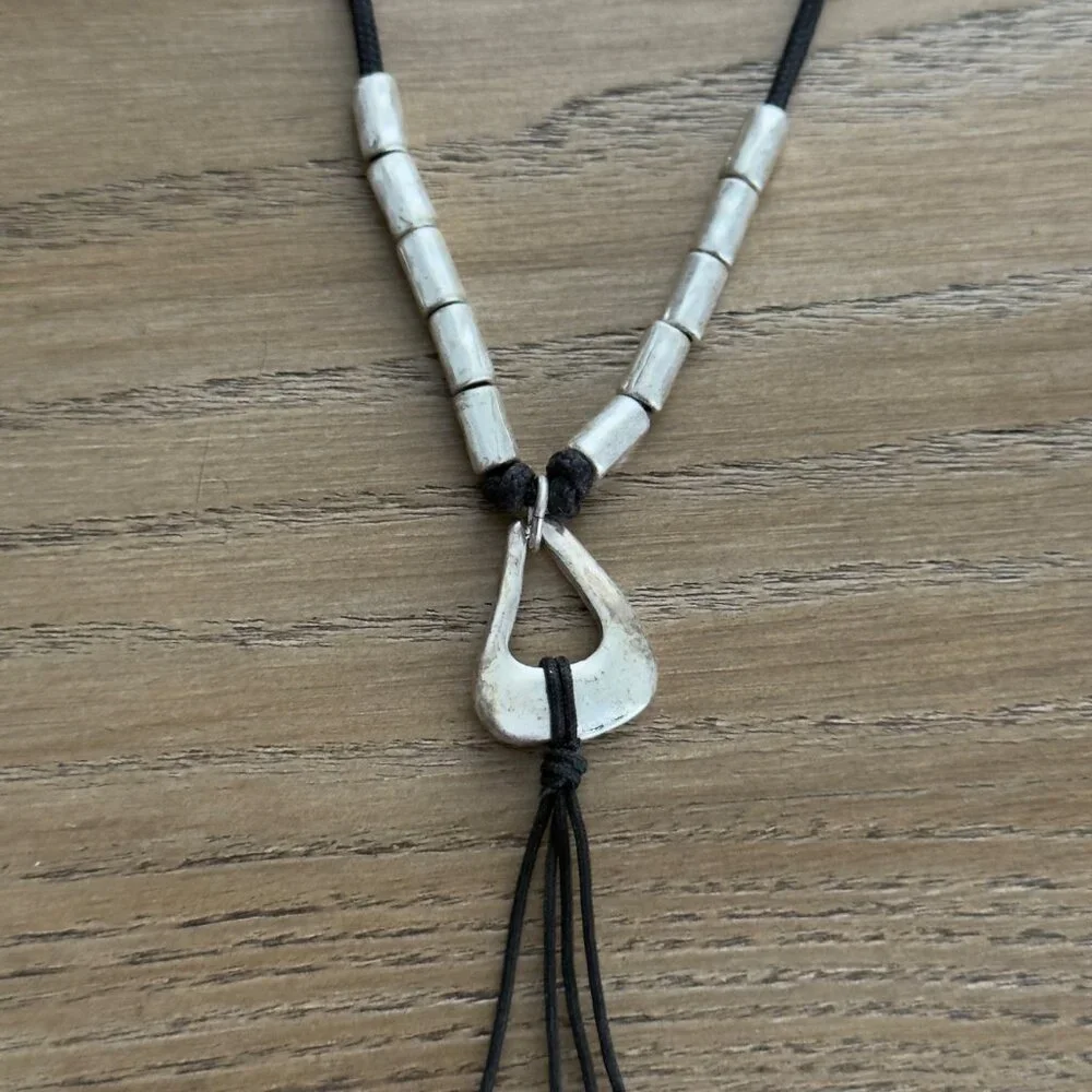 Handmade Black Cord Necklace Silver Tone Turquoise Color Beads Hook Clasp NOTE